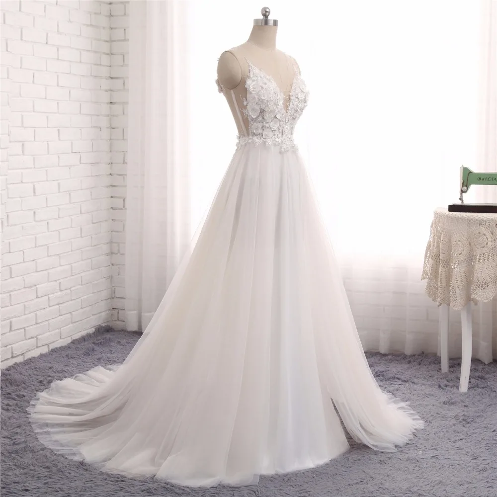 Свадебное платье с прозрачной иллюзией ТРАПЕЦИЕВИДНОЕ из тюля ручной работы