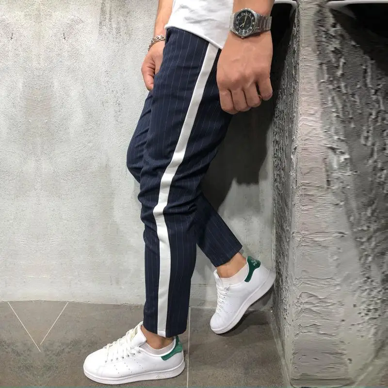 Мужские лодыжки брюки уличная сторона полосы клетчатые случайные Slim Fit