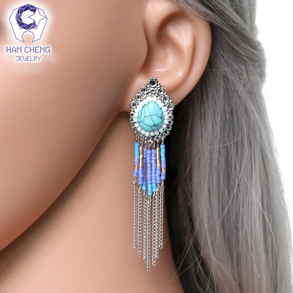 HanCheng новые модные богемные длинные висячие серьги-клипсы с кисточками и бусинами для женщин, ювелирные изделия в винтажном стиле с серебряным покрытием, bijoux brincos
