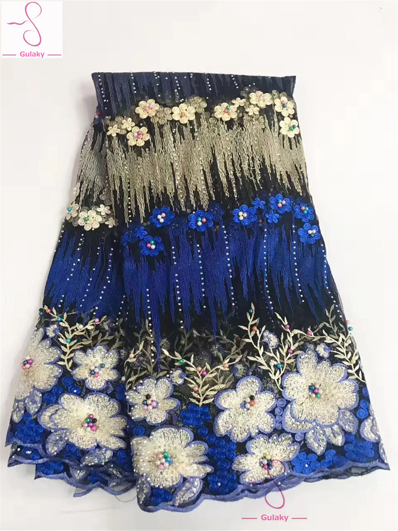Blue Senior Party African Lace Fabric High Quality 3D with Beads Nigerian Fabrics for Bride Dress JY844 | Дом и сад