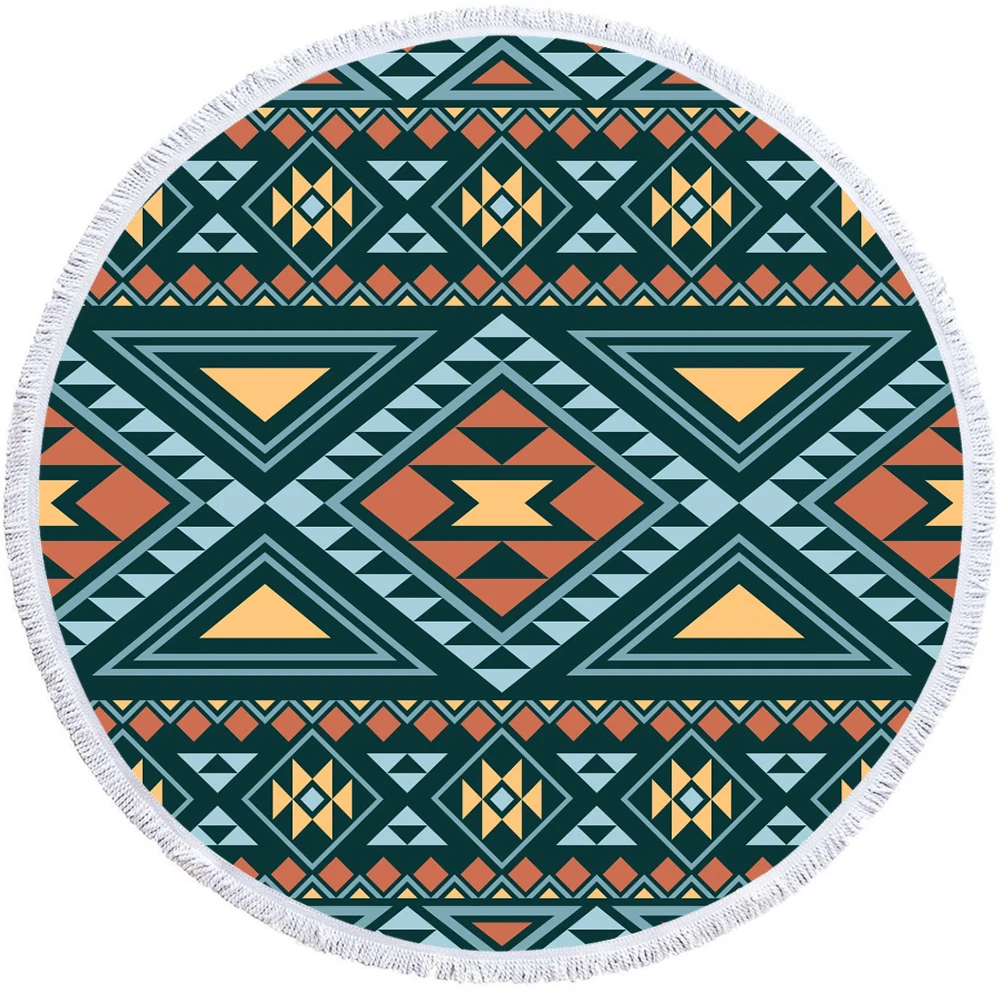 

Free shipping Ethnic Aztec Geometric Diamonds Zigzags Striped Pattern Fringed Large Round Swim Beach Towel 150cm Drop Shipping