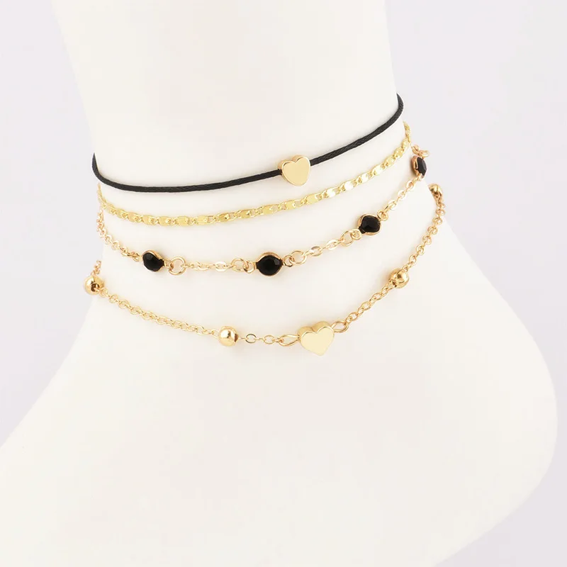 Gold Сердце ювелирные изделия позолоченные женские Цепочка-браслет на лодыжку 4 шт./компл. ботильоны бусины - Окраска металла: Gold
