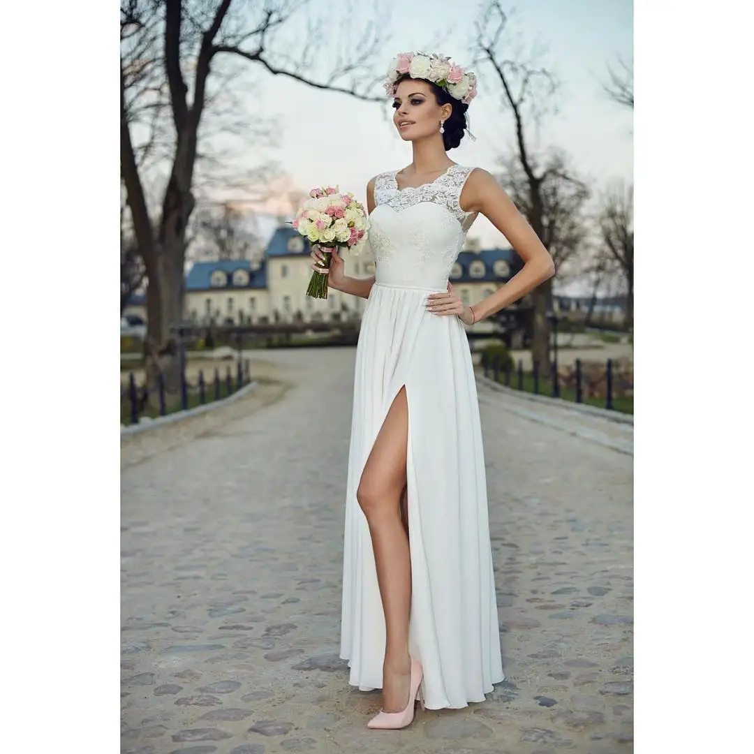 

White Chiffon Wedding Dress Lace Appliques Slit Vestido De Noiva Illusion Back Floor Length Sleeveless Robe De Mariee A Line
