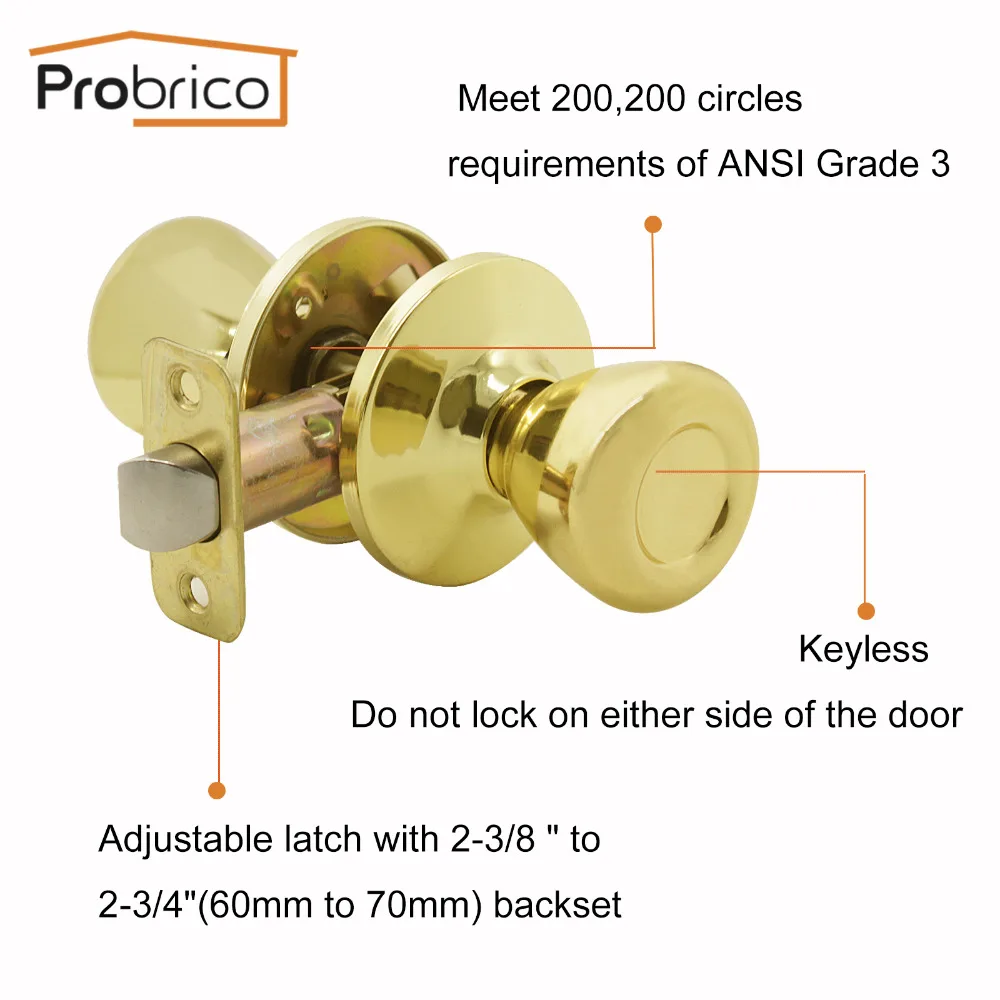Probrico Gold Door Knobs door Handle For Interior Keyless Passage Lock Stainless Steel polished gold brass hardware | Обустройство