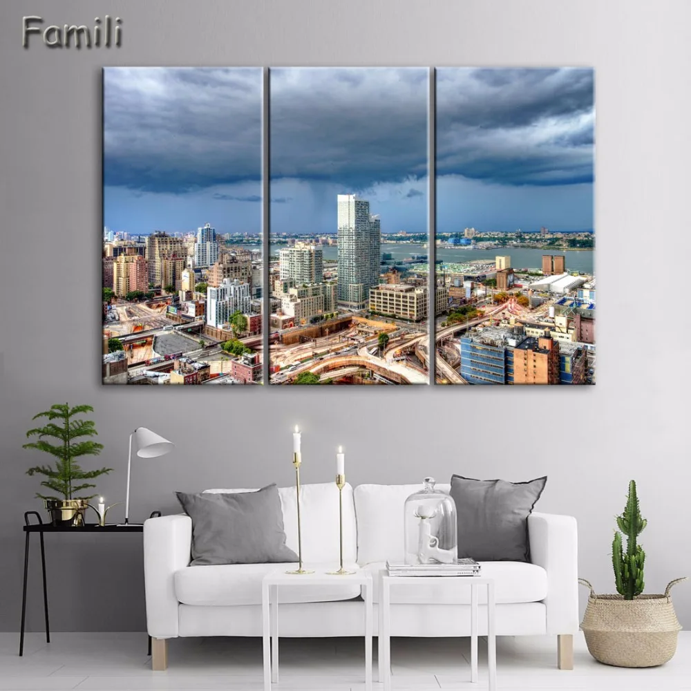 Unframed Modern 3pcs Melamine Sponge Board Canvas Oil Painting New York City Night View Pictures Seascape Living Room Wall Art | Дом и сад