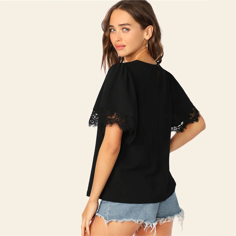 SHEIN Однотонный Топ С Оригинальным Рукавом И Кружевной Отделкой Женская Летняя Элегантная Блузка С Короткими Рукавами