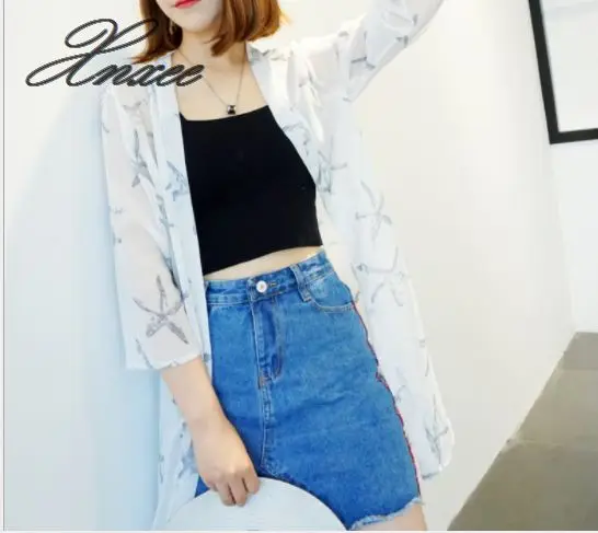 

2020 Summer shirt cardigan tops print of thin chiffon long Loose Half sleeve O-Neck sun protection clothing