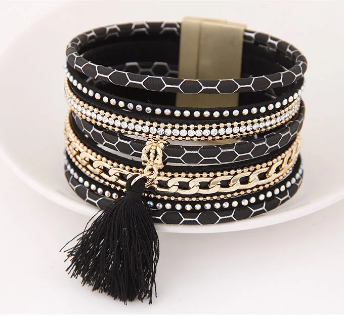 LEMOER Boho модные Многослойные Стразы кожаные браслеты с кисточкой и браслеты магнитные ювелирные изделия для женщин мужчин pulseira feminina