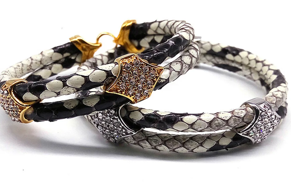 Роскошный мужской белый черный 5 мм кожаный браслет питона с золотой нержавеющей