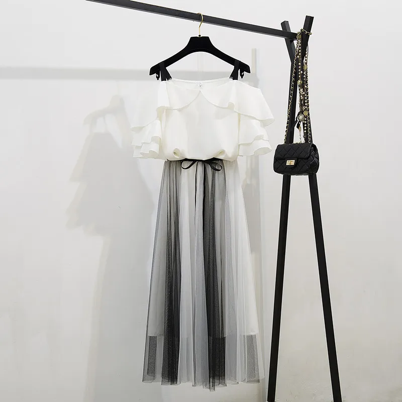 

elegant two pieces skirt sets women summer sets Chiffon shirt and mesh long skirt 2 pieces outfits women 2 pieces dress 2019