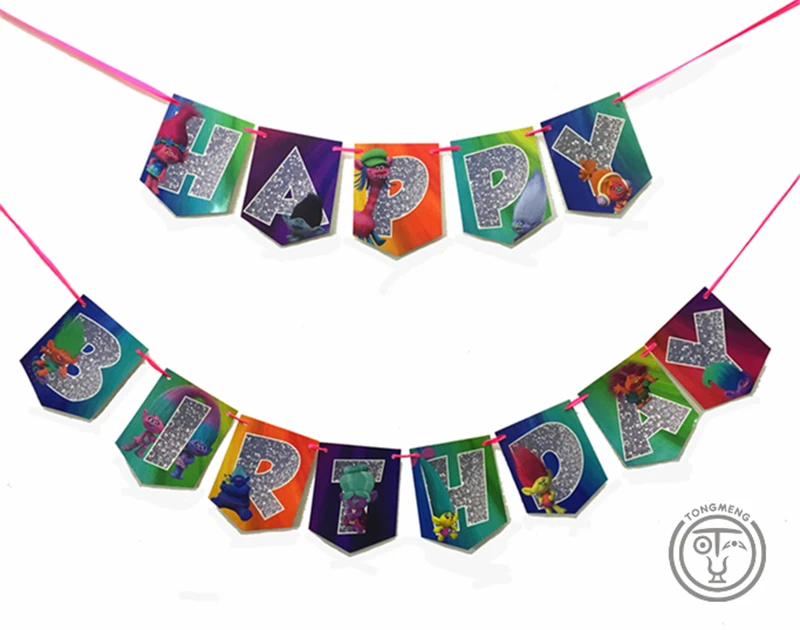 Trolls Poppy DJ Suki Guy Diamond Banners Happy Birthday Party Kids Favors Pennant Event For Baby Shower decoration Supplies | Дом и сад