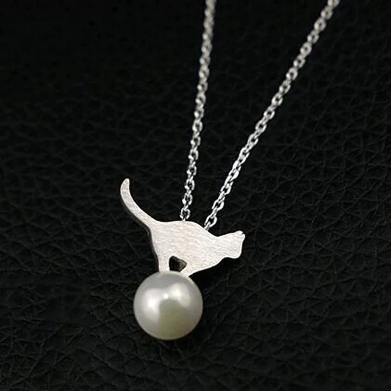 Простой Матовый Котенок Жемчужное Ожерелье 925 Серебряные Ожерелья &amp Подвески