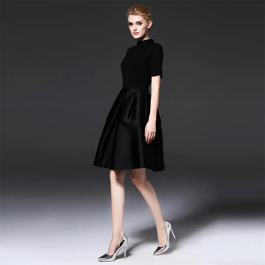 Autumn Style Elegant Party Dress High Quality Brand Women Black Short Sleeve O-neck A-line Slim Runway Dresses | Женская одежда
