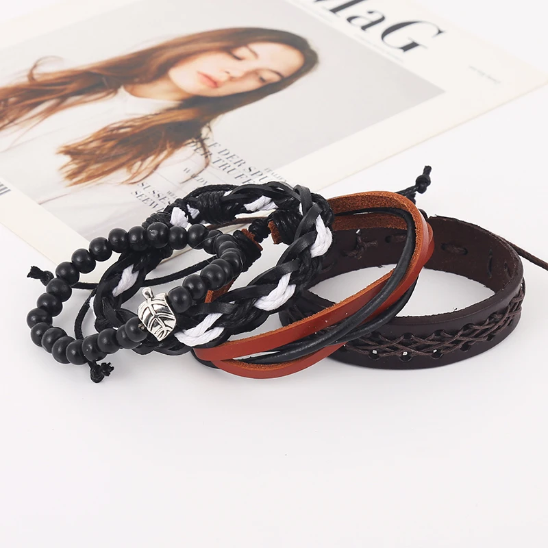 4pcs/set hippie punk black red dark brown leather braiding rope leaf charm onyx beads stackable Bracelets Bangles for man | Украшения и