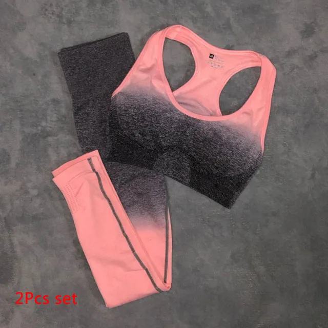 Peach pink 2Pcs set 2 шт./компл. Йога Комплект спортивная одежда эффектом деграде(переход от темного к спортивный бюстгальтер Бесшовные Леггинсы спортивный костюм Для женщин Фитнес набор для ношения при активном образе жизни - Цвет: Peach pink 2Pcs set