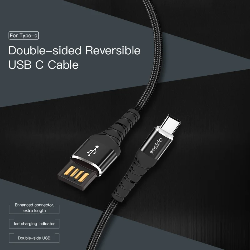 Yesido CA35 двусторонний кабель с разъемом USB Type-C для Samsung S10 S9 S8 Plus Note 9 C зарядное