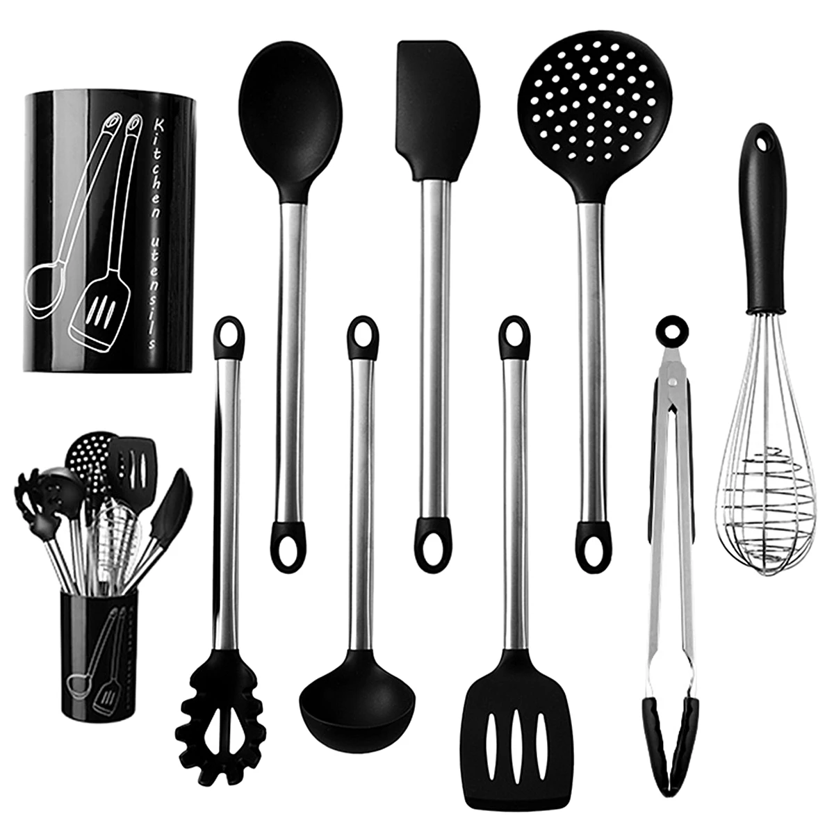 Набор кухонной утвари 8 шт. с держателем Щипцы из нержавеющей стали и силикона