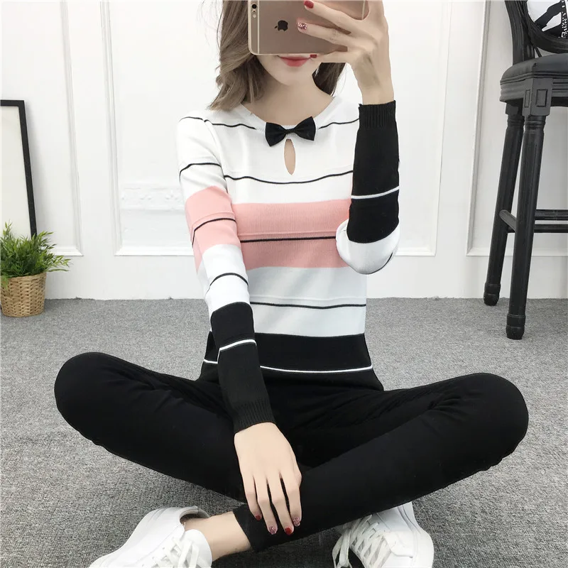 Female Winter &amp Spring Knitted Cute Bow Tie Striped Regular Short Pullover Sweater Ladies Casual All-match Wear Blouse | Женская