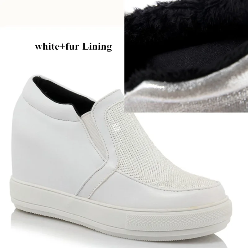 white with fur Женские кроссовки; модель года; сезон осень-зима; женская повседневная обувь на высоком каблуке с мехом; женская обувь на танкетке; женская обувь на платформе; цвет золотистый, Серебристый; большой размер 45 - Цвет: white with fur