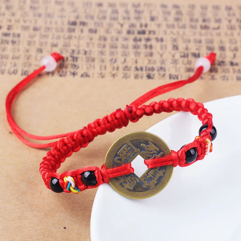 Two Beads Модный плетеный вручную браслет из красной веревки в стиле ретро, плетеный браслет с нитью для монет для мужчин и женщин, браслет на запястье, ювелирные изделия Kabbalah - Окраска металла: Two Beads