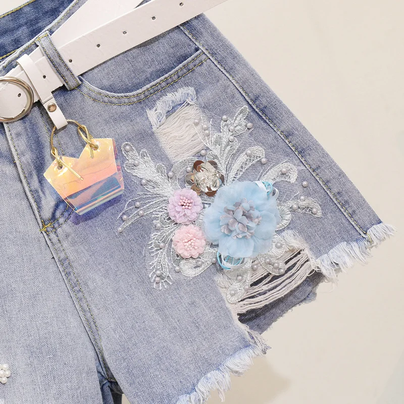 Летняя футболка Короткие джинсы костюм розовая с вышитыми цветами и бусинами топ