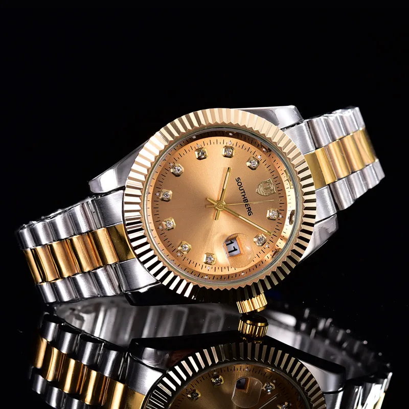 SOUTHBERG Gold silverWatch мужские часы лучший бренд класса люкс известный наручные часы Мужские часы золотые кварцевые наручные часы календарь Relogio - Цвет: Золотой