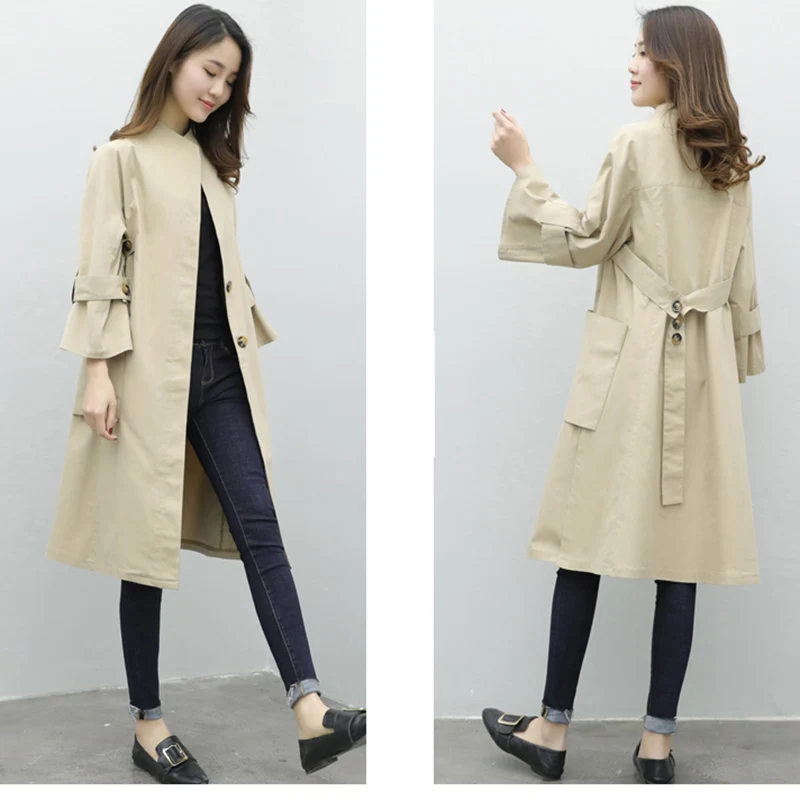 Женский плащ Тренч однотонное пальто средней длины в Корейском стиле весна осень