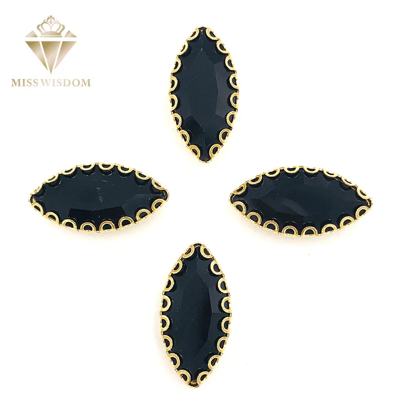 Бесплатная доставка 7X15mm черный конский глаз пришить Стразы золотое основание с