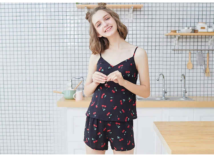 Fdfklak вишня пижамы с принтом Для женщин Sexy v-образным вырезом летние Пижамные комплект с шортами Пижама Для женщин пижамы Домашняя одежда Пижама Mujer