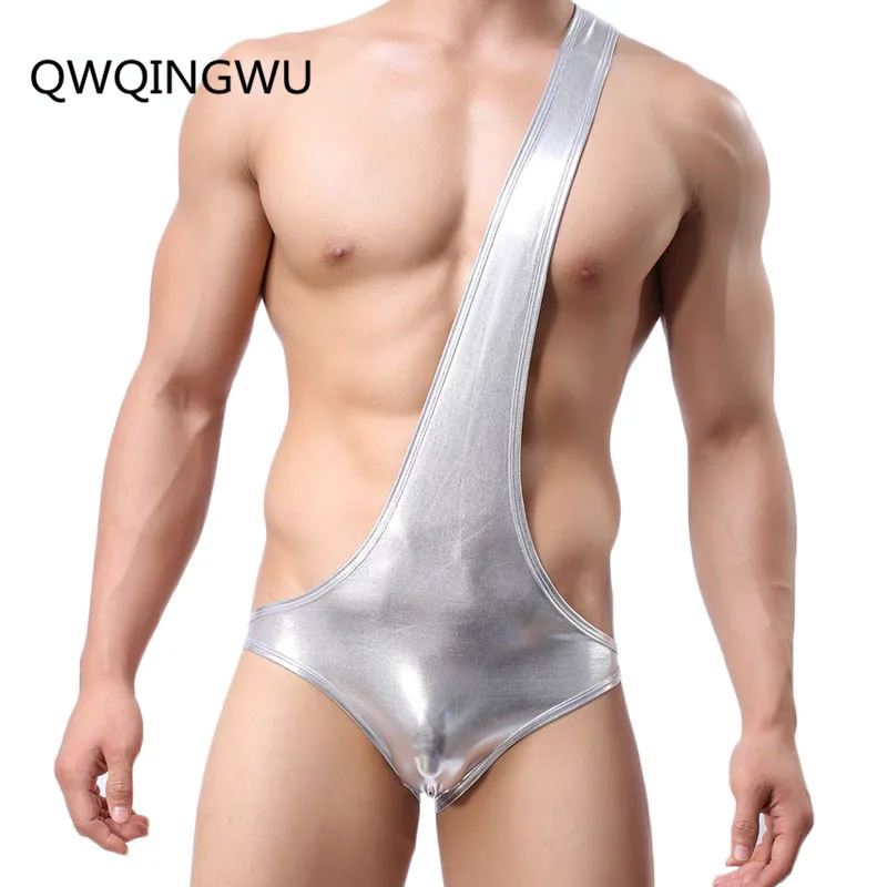 Sexy Men Undershirt PU Wrestling Singlet Jumpsuit Suspender Faux Leather Underwear One-Piece Bodysuit Men Underwear Undershirts