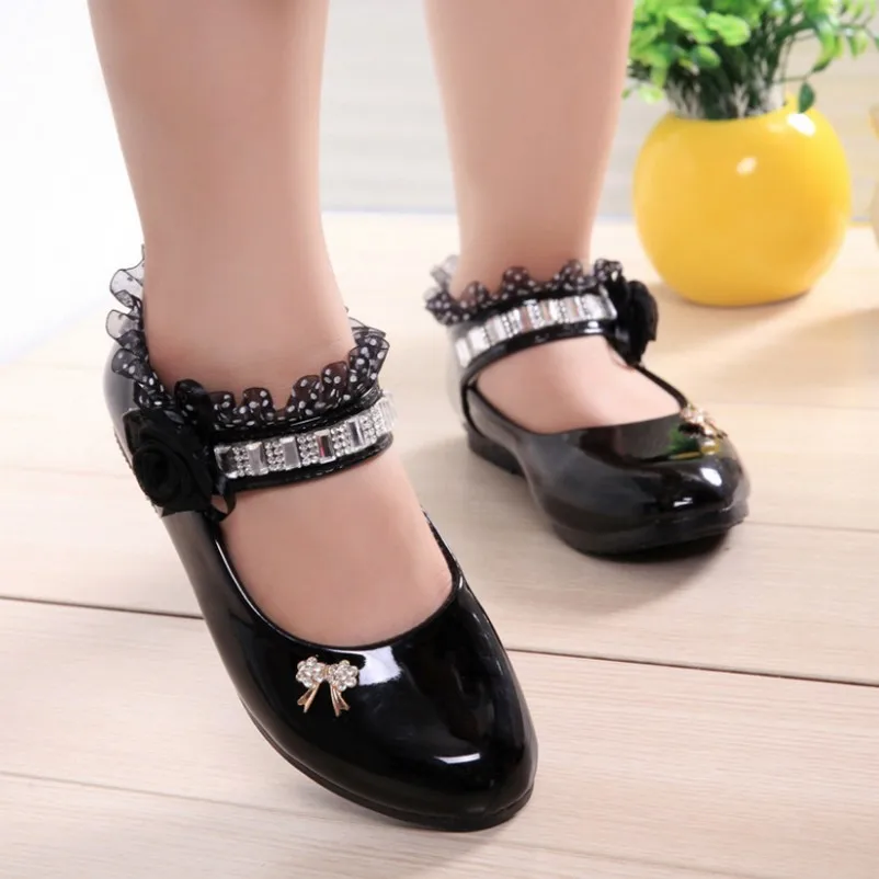 Цветочные Стразы обувь принцессы для девочек детская кожаная танвечерние на