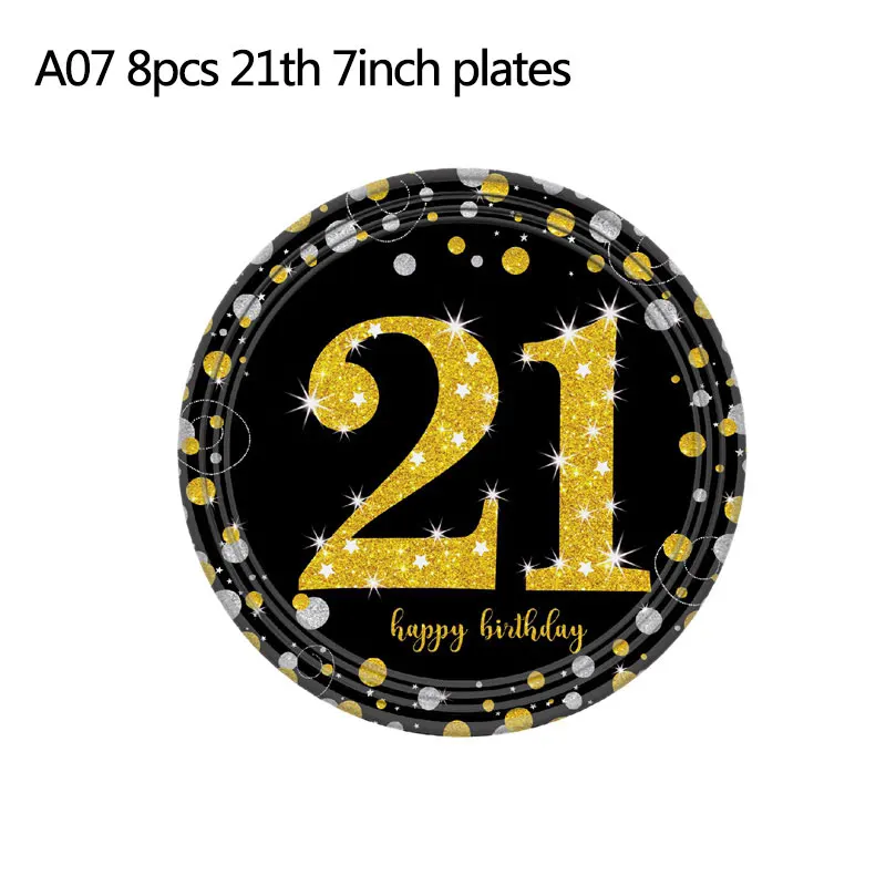 A07 7inch plates 18/21/31/40/50th черный золотой счастливый посуда для вечеринки в честь Дня Рождения наборы скатерть чашки тарелки салфетки Свадебные принадлежности для юбилейной вечеринки - Цвет: A07 7inch plates