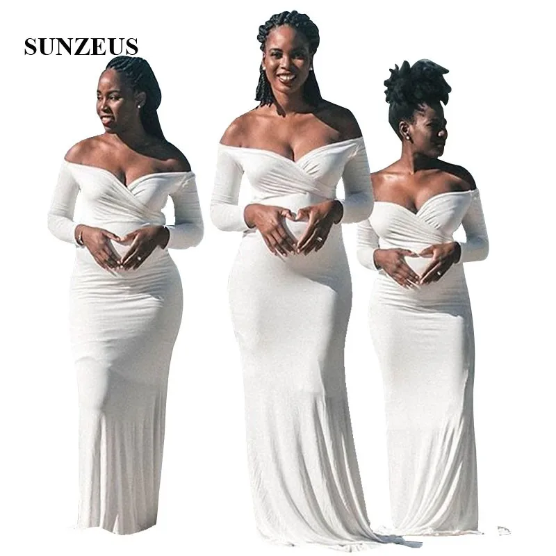 

Simple Long Ivory Bridesmaids Dresses Off Shoulder Long Sleeves Wedding Party Gowns Sheath Jersey Summer Beach Dress