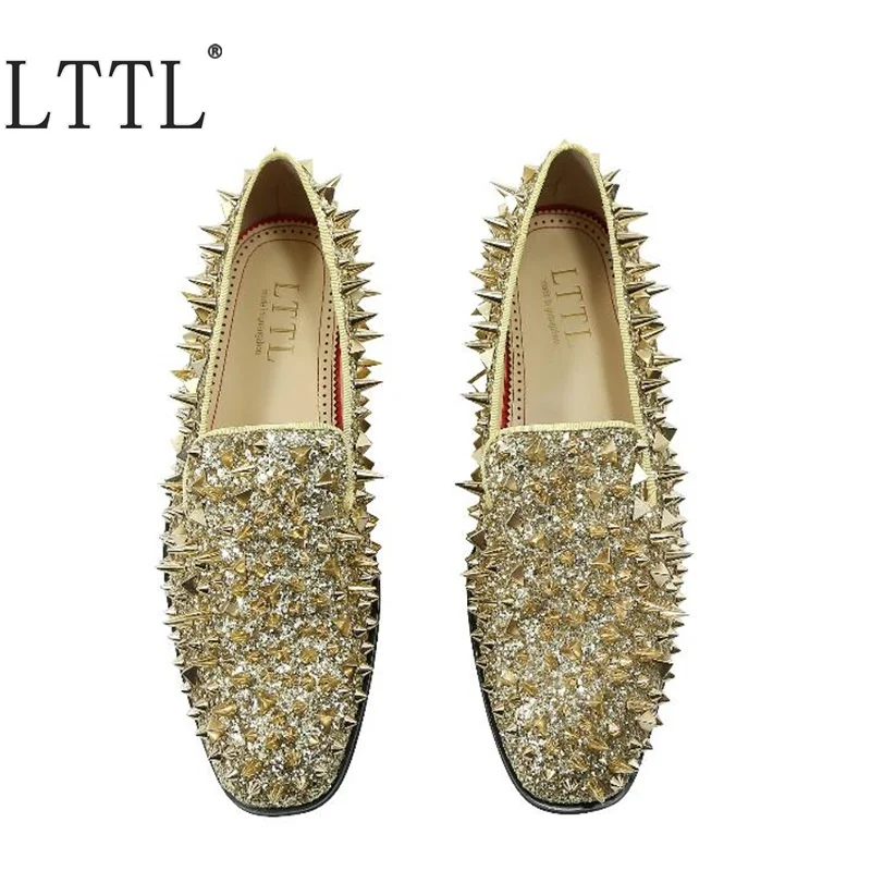 LTTL New Handmade Glitter Long Spikes Men Loafers Bling Sequins Men's Banquet Wedding Shoes Slip On Rivets Casual | Обувь