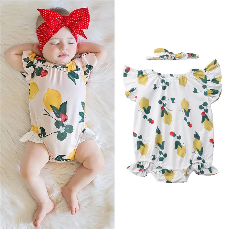 

Newborn Infant Baby Girls Floral Romper Jumpsuit Sunsuit Headband Outfits 0-24M Baby Clothes Cotton Romper Short Sleeve Playsuit