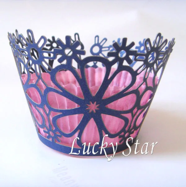 Бесплатная доставка 48 Шт. Темно-Синий цветок лазерная резка свадьба кекс обертка