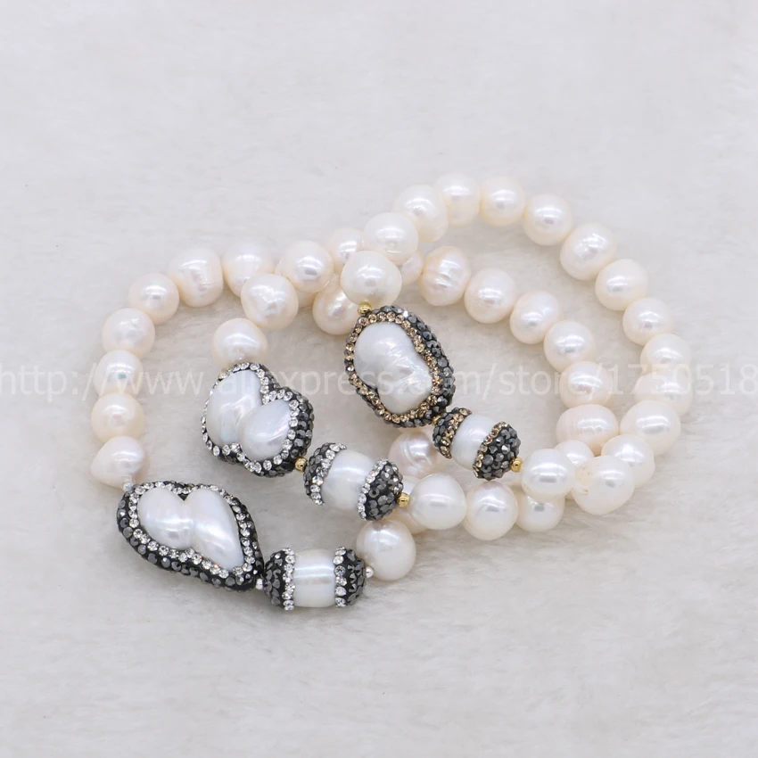 Браслеты из натурального жемчуга ручной работы Украшенные бусинами и цирконием