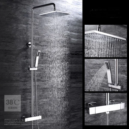 Настенный хромированный квадратный термостатический медный смеситель для душа