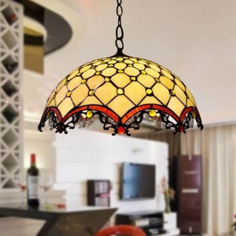 

FUMAT Tiffany Stained Glass Pendant Lamp Bead White 12 16 Inch Shade hanging Kitchen Lights Fixture LED Chain European Hanglamp