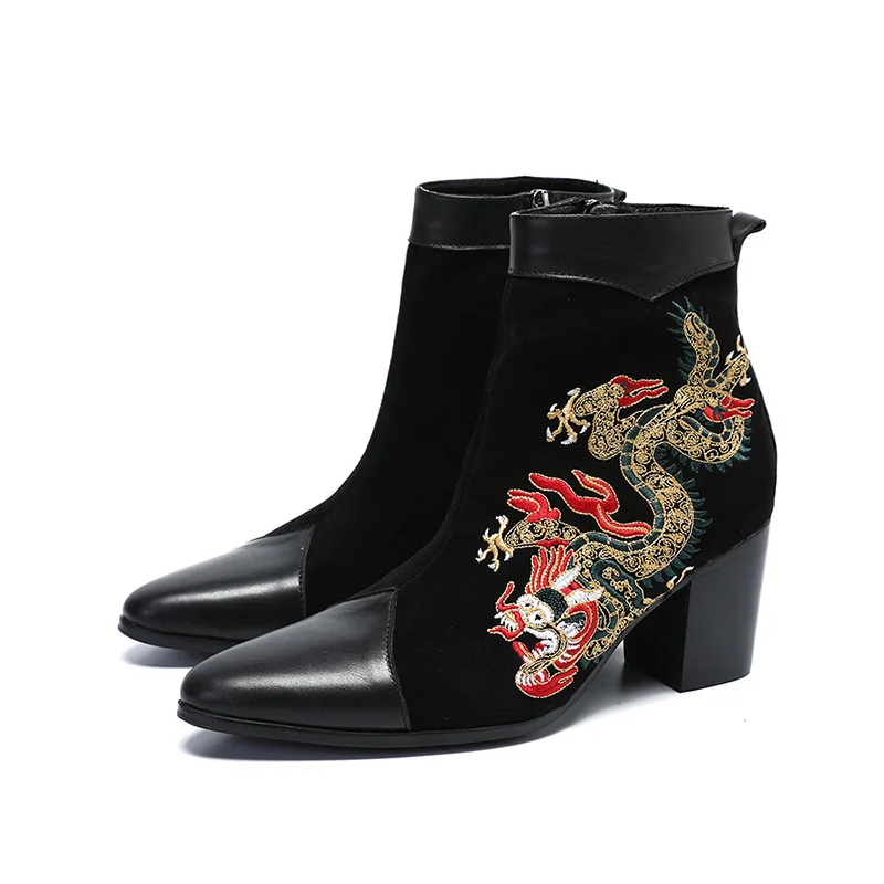 

British High-heeled Black Rock Personality Fashion Embroidery Men's Booties Pointed Party Wedding Nightclub Wind Show Shoes Boot