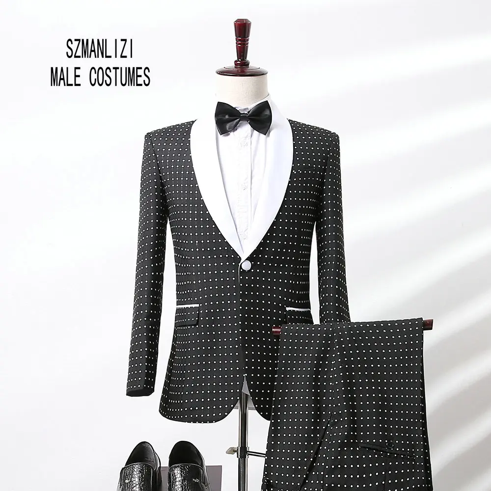 

2017 Elegant Brand Designs Dots Men Suits White Shawl Lapel Formal Wedding Dress Groom Tuxedos Groomsmen Mens Wedding Suits