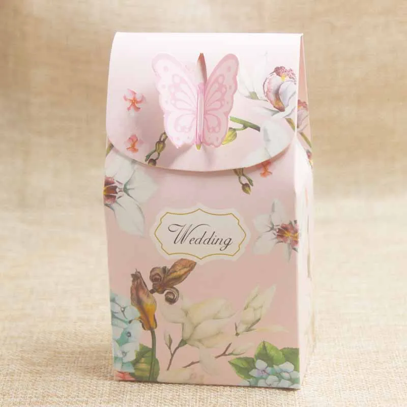

20pcs/lot flower print butterfly lock wedding favor box paper gift package box with handle animals candy favors package bag box