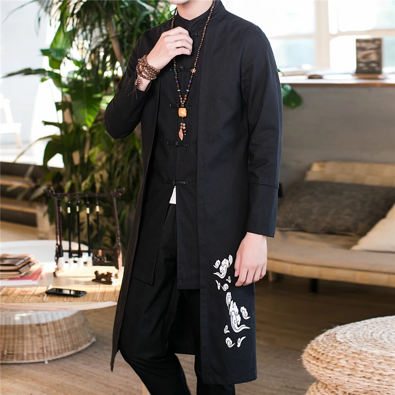 Мужская длинная куртка в китайском стиле черная Повседневная осенняя тренчкот