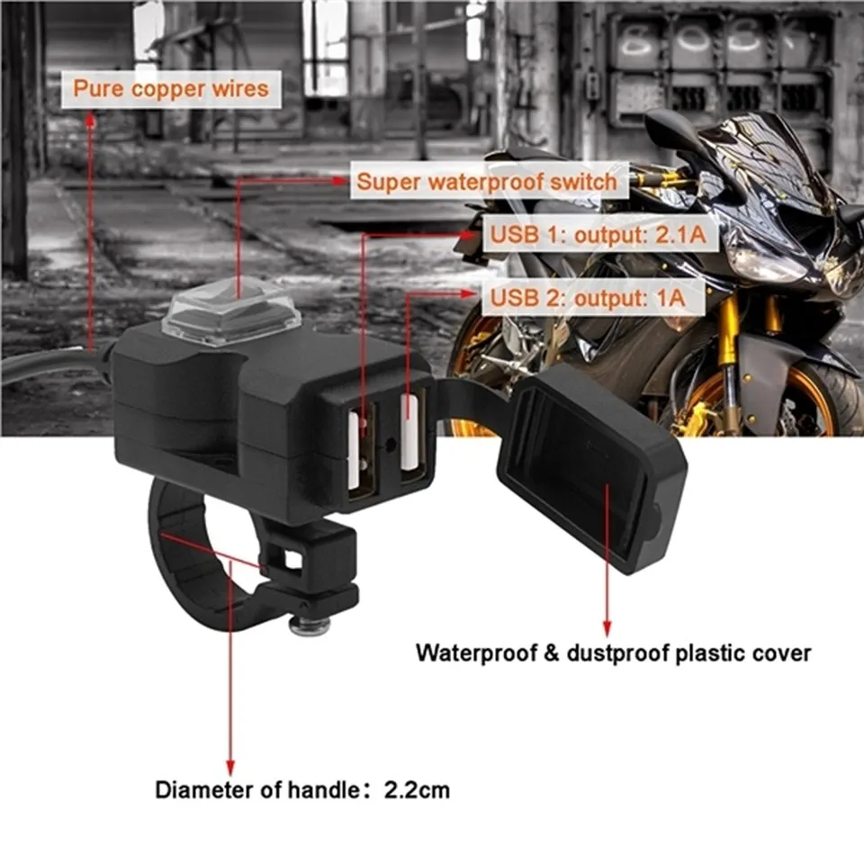 Laauto Dual USB водостойкий мотоцикл зарядное устройство на руль 9 12 В 2.1A/1A мотобайк блок