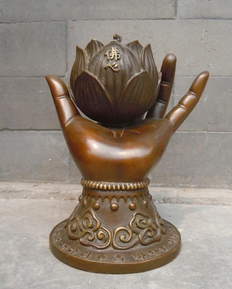 

8" China coffee bronze carved Buddhism buddha hand lotus flower censer statue