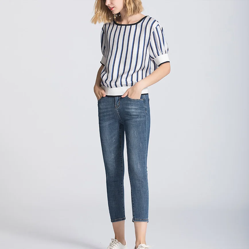 Women T Shirt 100% REAL SILK Striped Print Short Sleeved 2019 Spring Summer Printed shirt for | Женская одежда