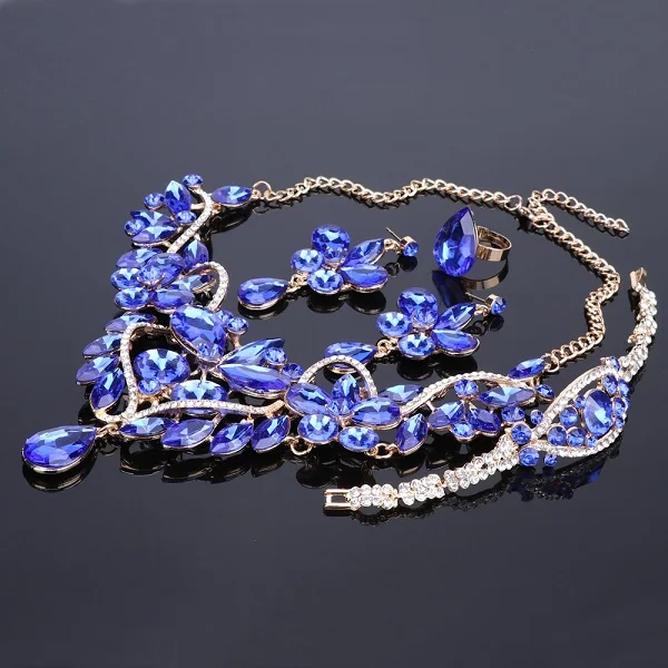 Blue Роскошное Кристальное ожерелье с цветком из страз браслет серьги кольцо набор для женщин Свадебные Ювелирные наборы 5 цветов - Окраска металла: Blue
