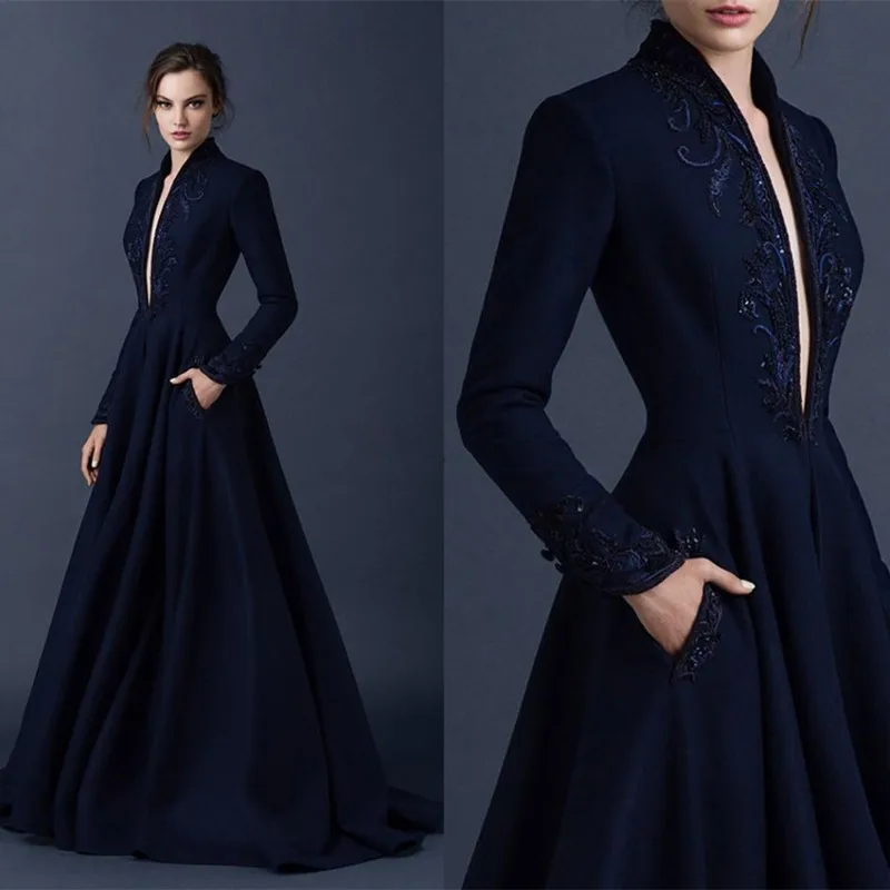 Navy Blue Satin Evening Dresses Embroidery Plunging V Neck Full Sleeve Beaded Formal Floor Length Wedding Party Dress | Свадьбы и