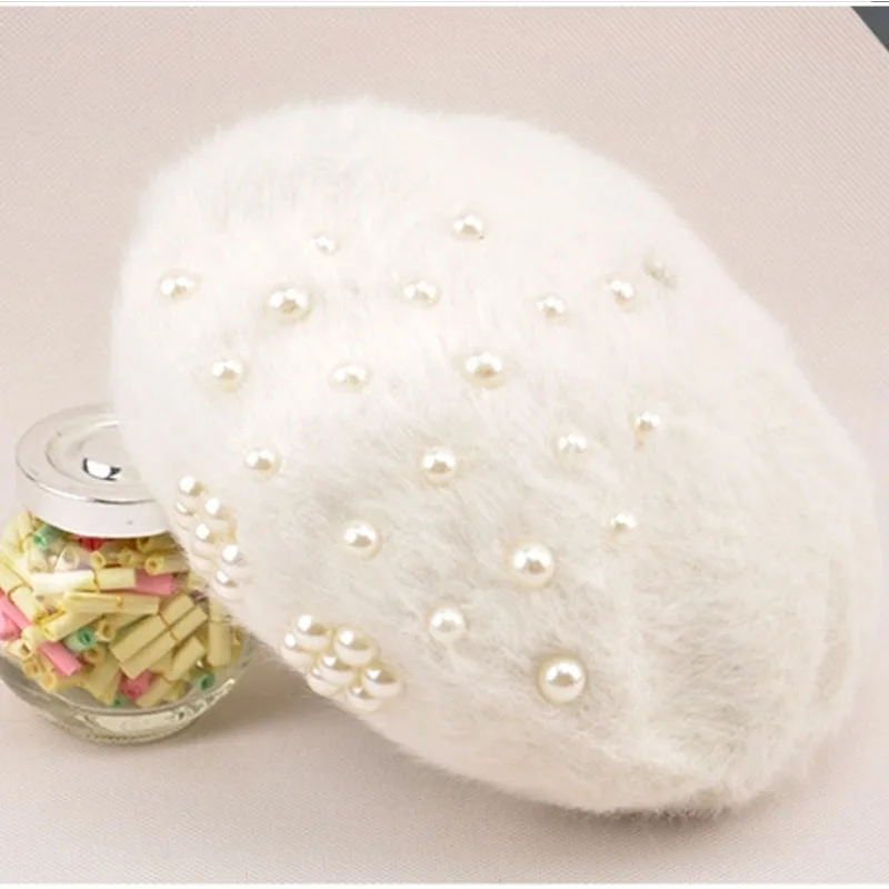 white Jiexijie, шапка из кроличьей шерсти, зимняя, теплая, перламутровая шапка, шапка для женщин, женская, лыжная шапка, берет, шапка для девочек, Новое поступление - Цвет: white