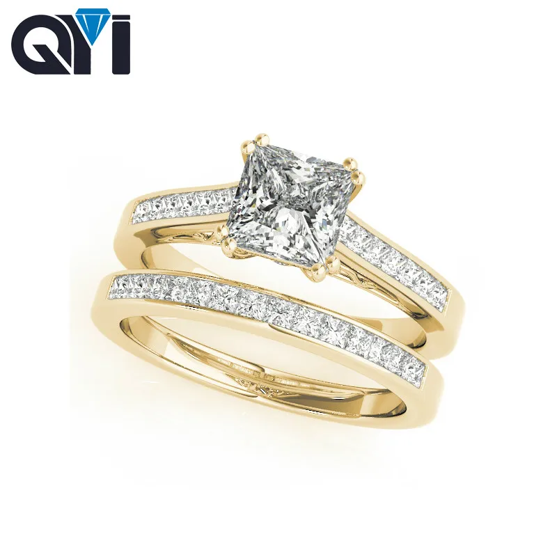 Engagement Ring Sets Square Cut 1.2 Carat Moissanite Diamond Women's 14K Solid Yellow Gold Wedding Ring